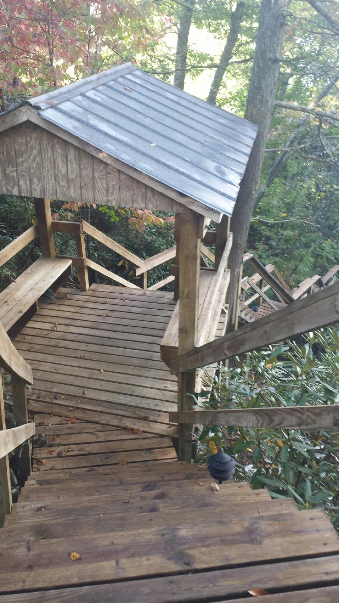 Metal roofed shelter over wooden steps on a wooded walkway — Skylight Repair & Installation work by our crew in Lamoure